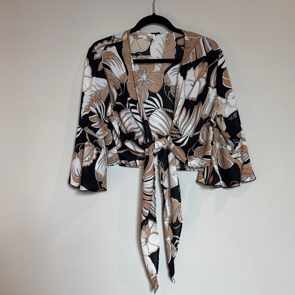 Black/Tan/White Hawaiian Print Kimono Cardigan - OS